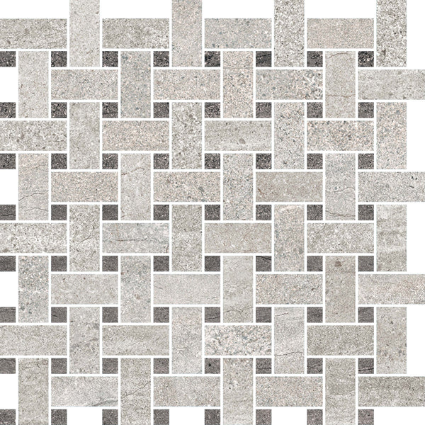 The Santorini Basketweave Mosaic Porcelain Tile features interlocking stone-look rectangular tiles in gray and white with small dark gray square accents, creating a woven basket-weave design.