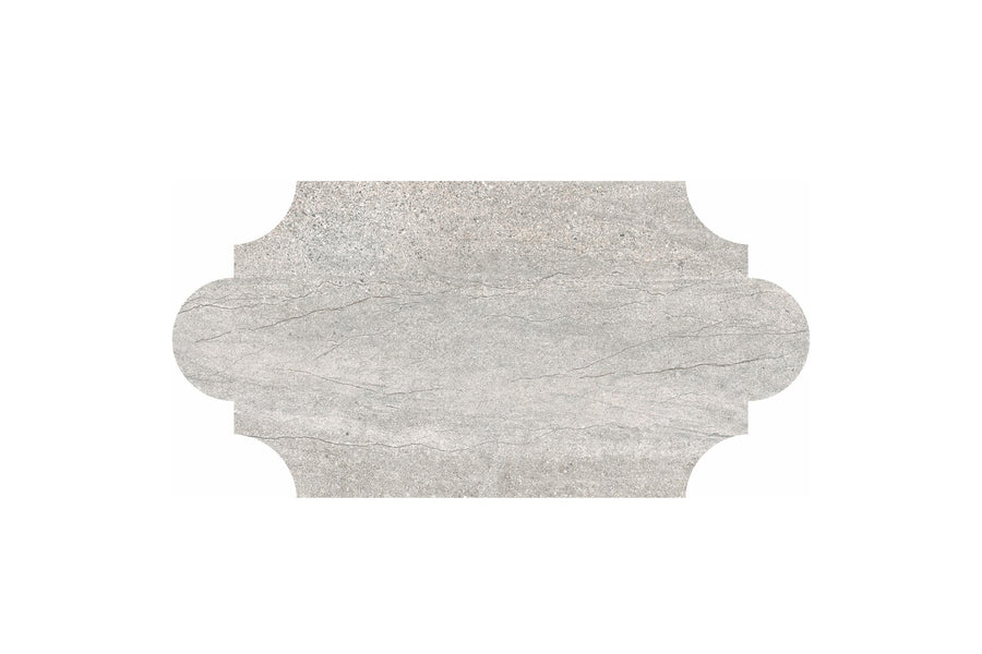 The Santorini 12x24 Provenzale Porcelain Tile features a gray stone-effect finish with rounded ornamental edges and subtle natural veining on a white background for an elegant, decorative look.