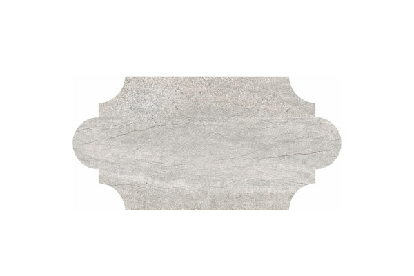 The Santorini 12x24 Provenzale Porcelain Tile features a gray stone-effect finish with rounded ornamental edges and subtle natural veining on a white background for an elegant, decorative look.