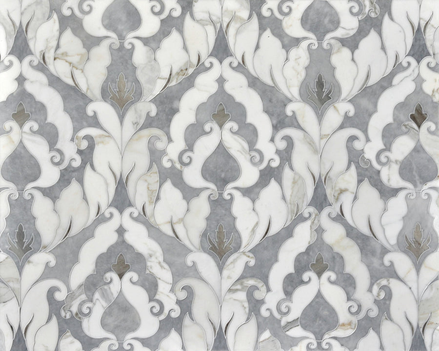 Talya Rumi 13 9/16 x 18 Waterjet Natural Stone tile features an ornate gray and white floral pattern with curving leaves—ideal for upscale master baths or elegant wall accents using premium marble.