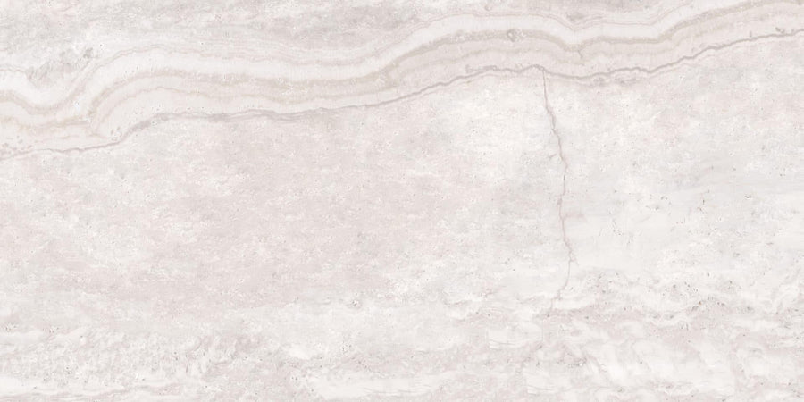 The Stream 24x48 Large Format Porcelain Tile features a light beige marble surface with soft gray and cream veining, enhanced by 3D Shaped Technology for depth and texture, capturing the natural beauty of travertine.