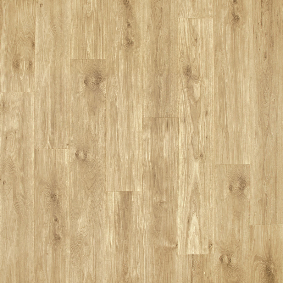 The Ivey Park 8.34" Waterproof Laminate features light brown hardwood visuals with visible grain and knots, a smooth natural finish in beige and tan shades, staggered planks, and scratch-resistant durability.