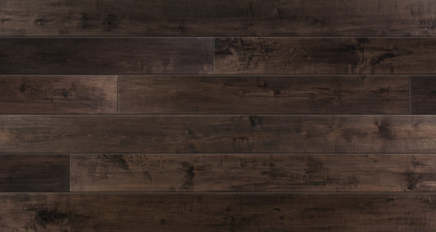 Saloon 7 1/2" Hickory & Maple Hardwood features horizontal planks of character grade maple with visible grain, subtle texture, and natural wood markings in varying rich brown shades.