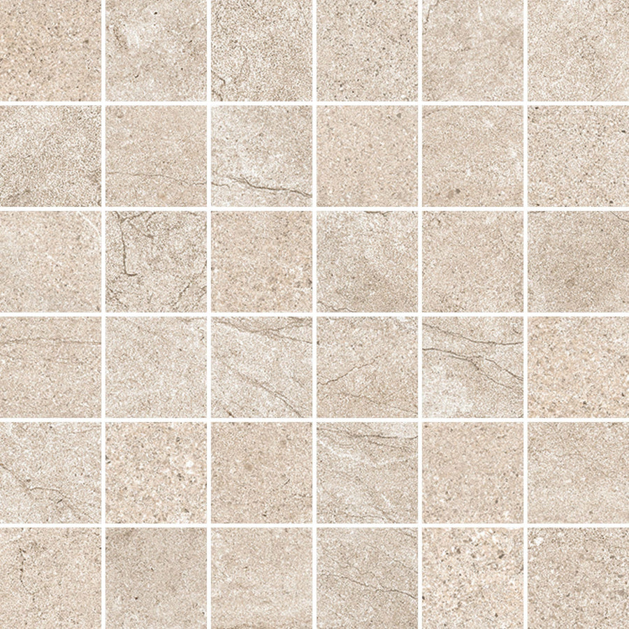 The Santorini 2x2 Mosaic Porcelain Tile features a grid of beige squares with subtle texture variations and faint crack-like patterns, crafted from stone-effect porcelain and separated by thin white grout lines.