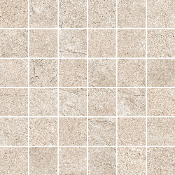 The Santorini 2x2 Mosaic Porcelain Tile features a grid of beige squares with subtle texture variations and faint crack-like patterns, crafted from stone-effect porcelain and separated by thin white grout lines.
