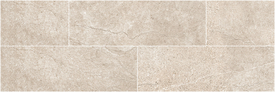 The Santorini 4x12 Porcelain Tile features a rectangular beige stone-effect with natural veining and texture. Its matte finish and staggered arrangement evoke the elegance and charm of real stone surfaces.