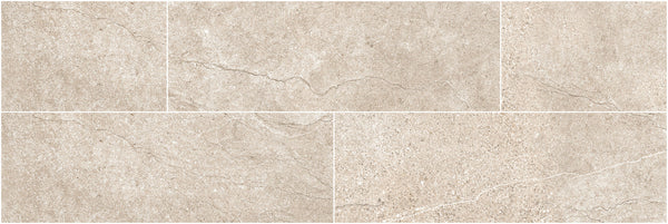 The Santorini 4x12 Porcelain Tile features a rectangular beige stone-effect with natural veining and texture. Its matte finish and staggered arrangement evoke the elegance and charm of real stone surfaces.