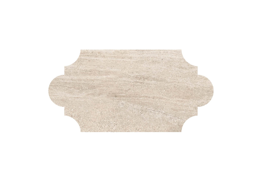 The Santorini 12x24 Provenzale Porcelain Tile features a beige marble look with decorative curved notches on each side, highlighting elegant natural surfaces set against a white background.