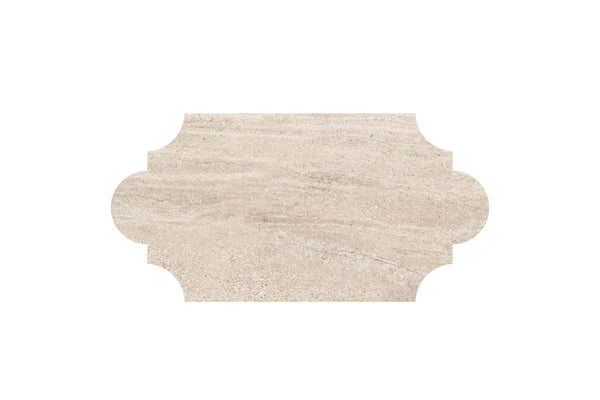 The Santorini 12x24 Provenzale Porcelain Tile features a beige marble look with decorative curved notches on each side, highlighting elegant natural surfaces set against a white background.