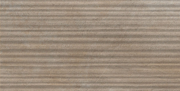 The Santorini 12x24 Grooves Deco Porcelain Tile features a light brown, stone-effect finish with horizontal, evenly spaced ridges that create a subtle shadow effect, echoing the refined style of the Santorini collection.