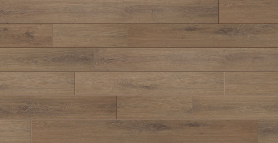 Artistry 7 5/8" Waterproof Laminate features horizontal planks in natural light brown with realistic hardwood texture, visible wood grain patterns, and knots for a rustic look.