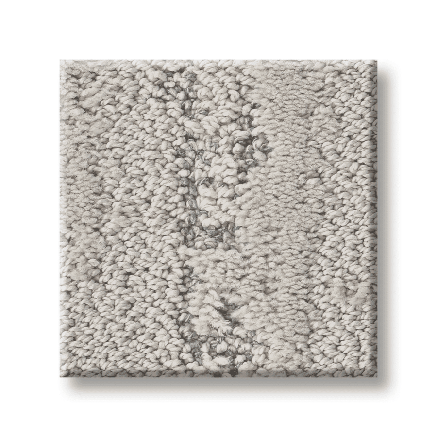 A square sample of Tranquil Spirit Pet Friendly Carpet in textured light gray with thick, looped pile and subtle dark gray accents showcases a brushstroke-inspired pattern, displayed on a white background.