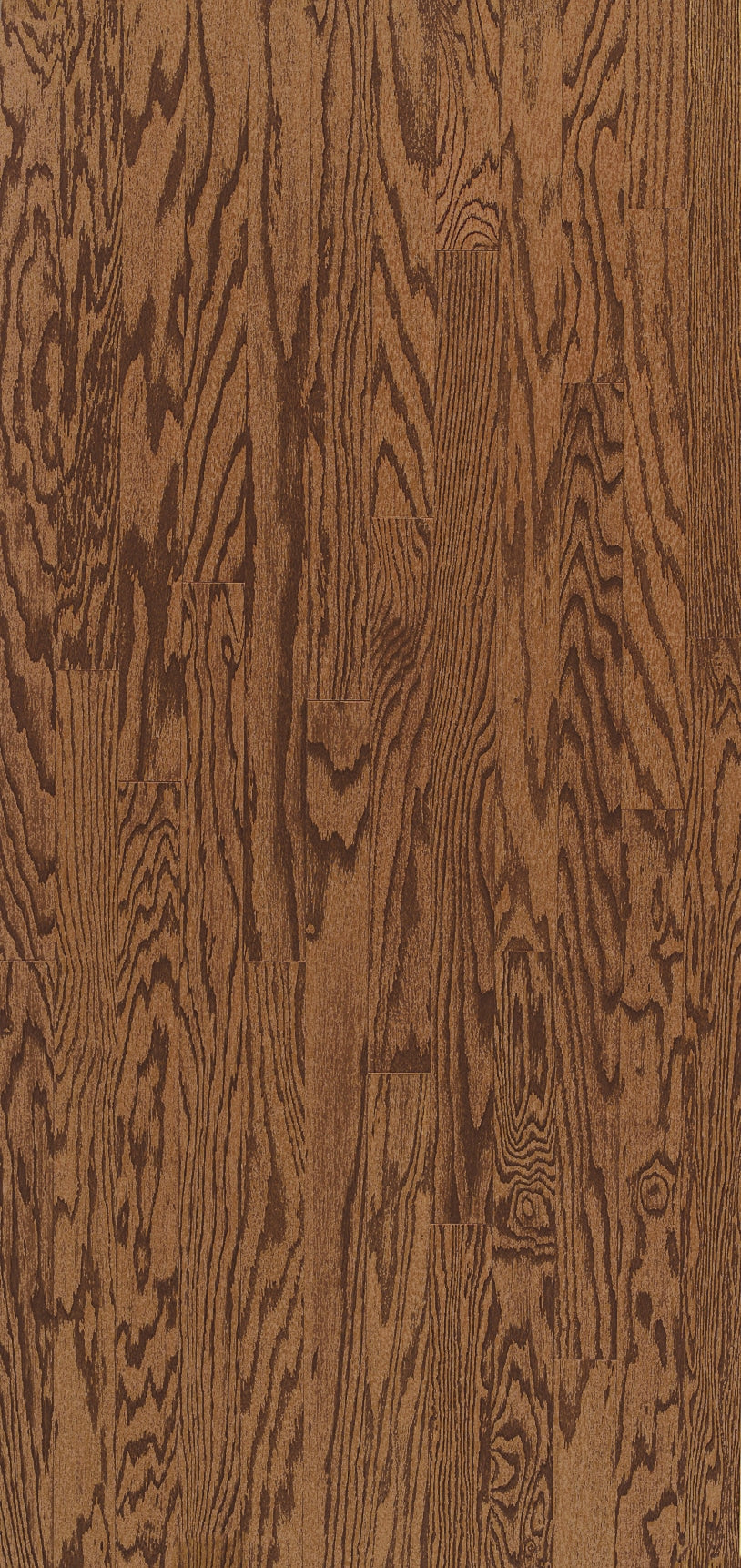 Close-up of Shenandoah 5" Red Oak Hardwood shows a medium gloss finish, swirling grain patterns across wide planks, and natural shades with organic textured lines for a distinct look.
