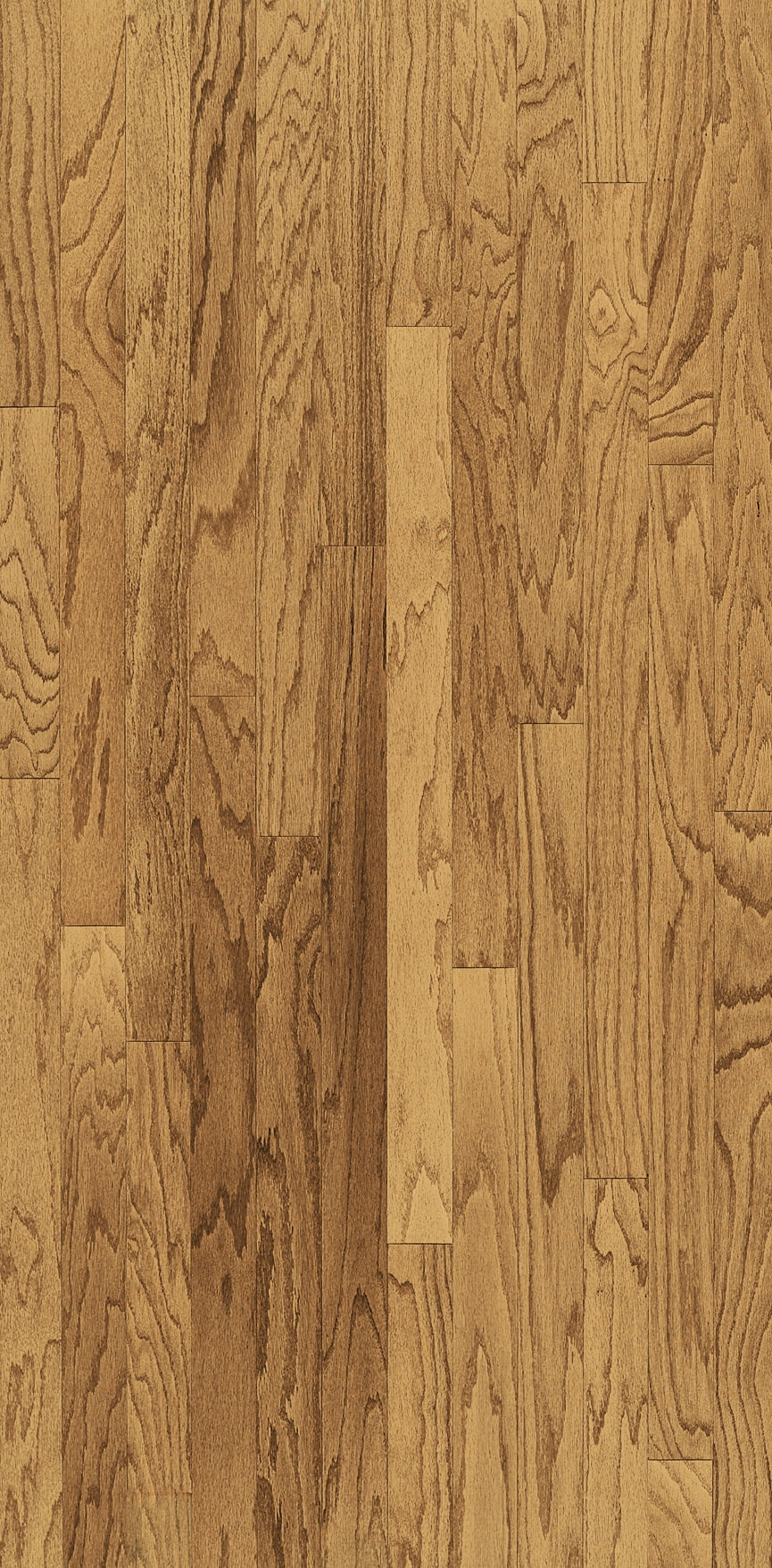 A close-up of Shenandoah 5" Red Oak Hardwood planks, featuring distinct grain patterns, a medium gloss finish, and natural wood texture, arranged side by side in a wide-width vertical layout.