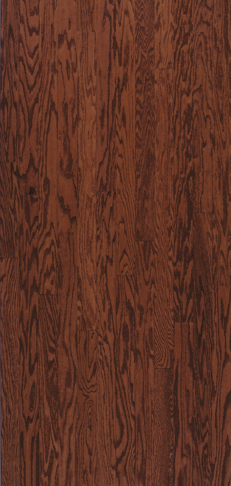 Shenandoah 5" Red Oak Hardwood features a dark brown finish with natural grain patterns, medium gloss, and subtle color variation. Wide width planks offer a modern look with elegant organic swirls.