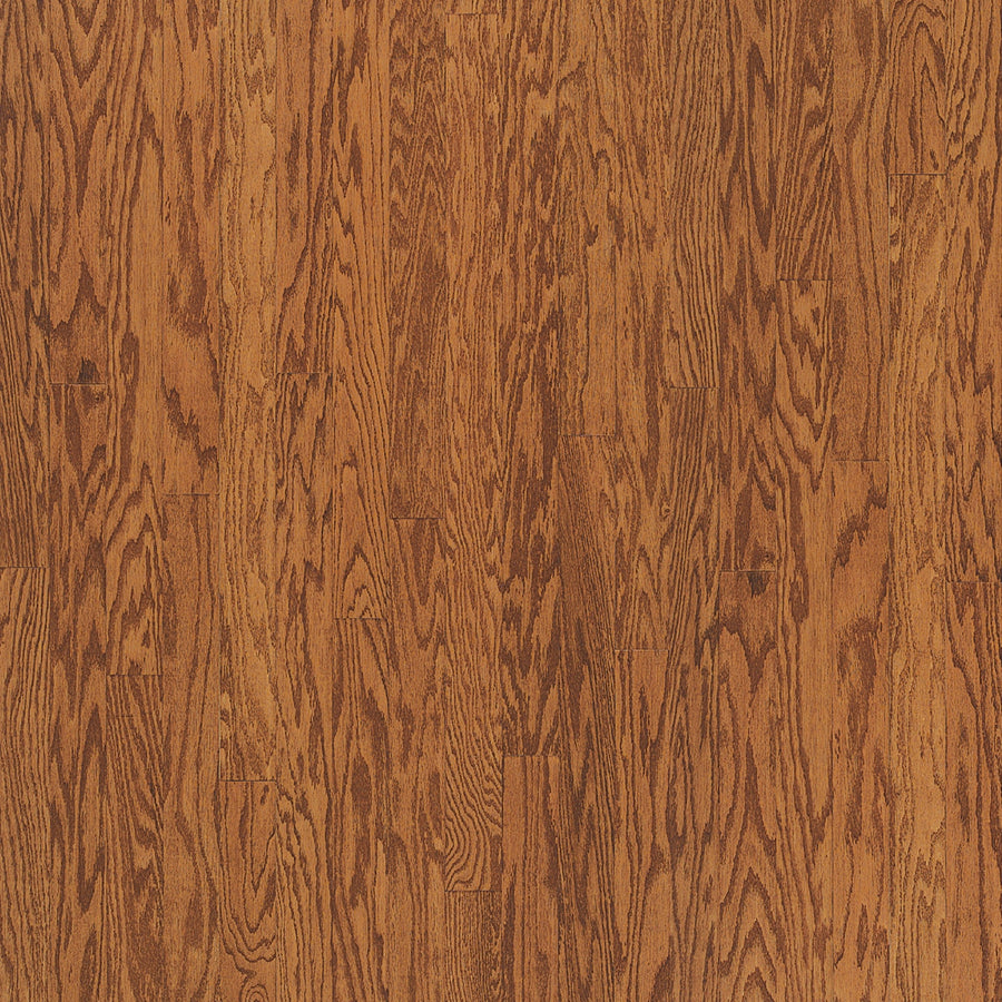 A close-up of Shenandoah 5" Red Oak Hardwood shows warm reddish-brown tones, medium gloss, and pronounced natural grain. Its wide planks add modern style.