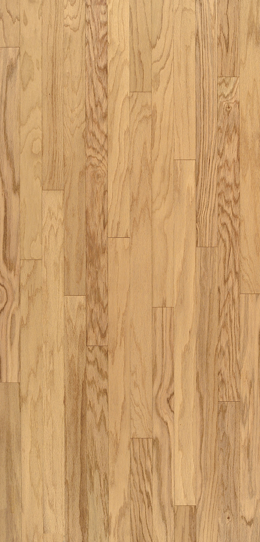 Shenandoah 5" Red Oak Hardwood features a light color, visible natural grain, and subtle shade variations. The smooth surface has a medium gloss finish, wide 5-inch planks, and is arranged in a staggered pattern.