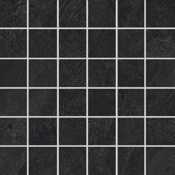 A grid of Shyft 2x2 Mosaic Porcelain Tiles, dark squares with subtle texture and shade variations, separated by thin white grout lines. The evenly arranged tiles create a uniform, geometric pattern.