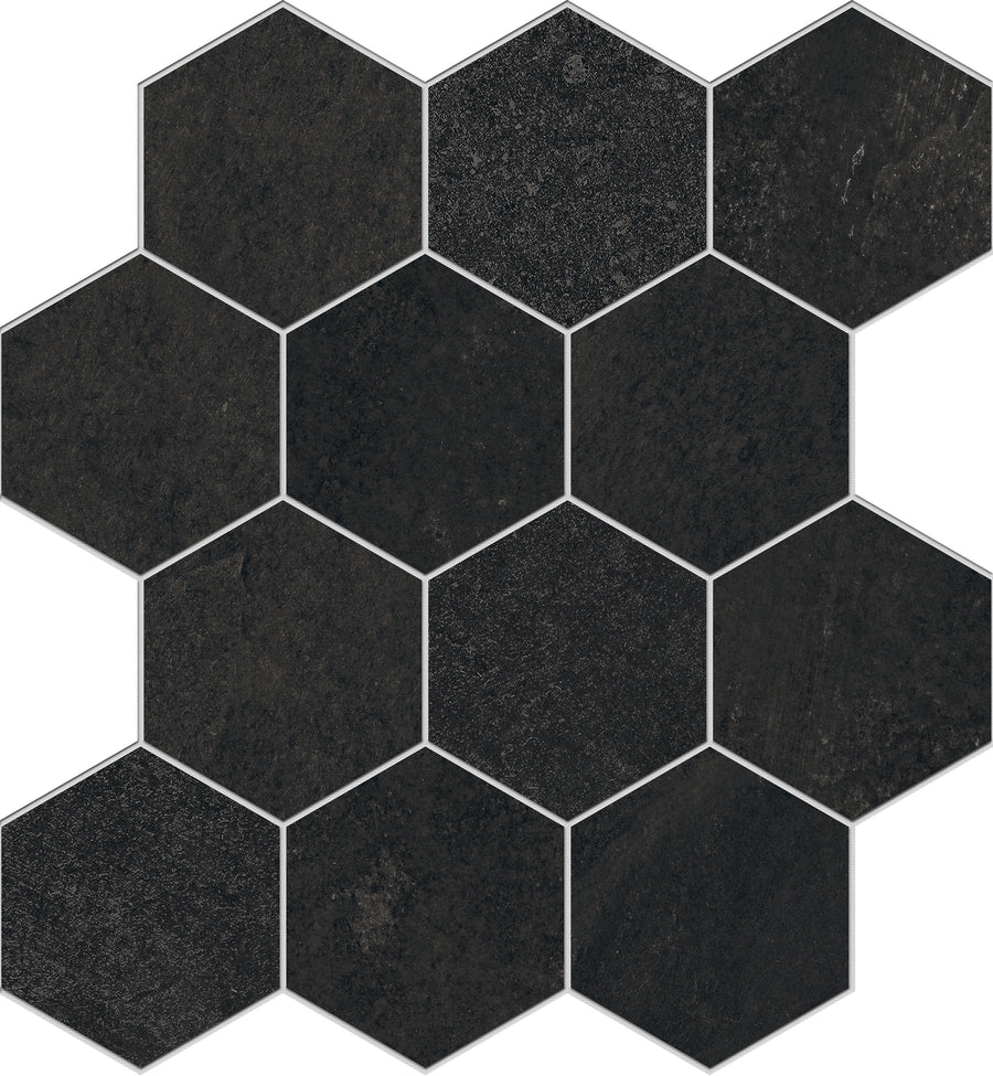 The Shyft Hexagon Mosaic Porcelain Tile features a dark, matte finish with hexagons arranged in a honeycomb pattern, each tile separated by thin, light grout lines for a bold contrast.