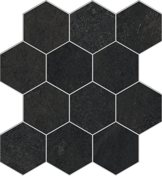 The Shyft Hexagon Mosaic Porcelain Tile features a dark, matte finish with hexagons arranged in a honeycomb pattern, each tile separated by thin, light grout lines for a bold contrast.