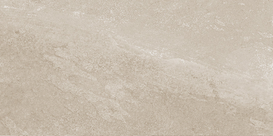 The Shyft 12x24 Rectified Porcelain Tile features a textured beige surface with subtle color variations and natural patterns for an organic, earthy look.