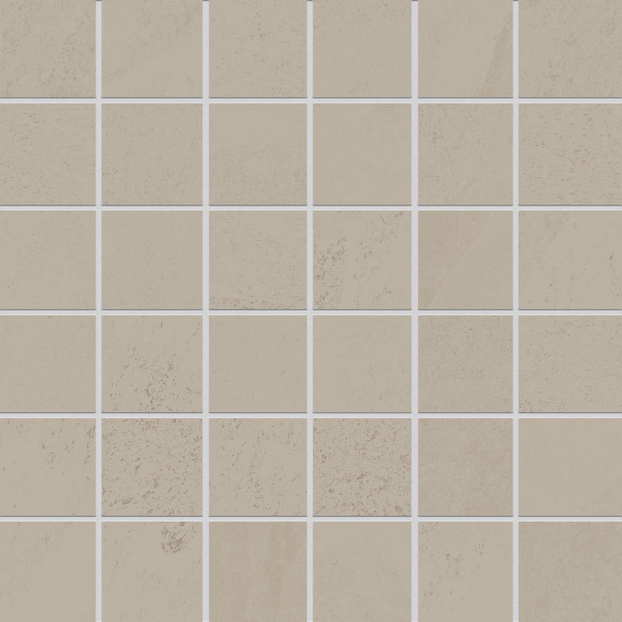 A grid of Shyft 2x2 Mosaic Porcelain Tile in beige, featuring subtle texture and shade variations. The tiles are arranged in a square pattern and separated by thin white grout lines.