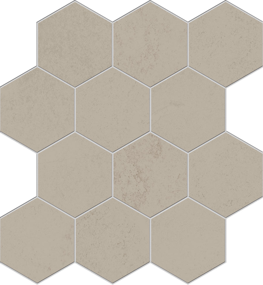 The Shyft Hexagon Mosaic Porcelain Tile features beige hexagonal pieces in a honeycomb pattern, offering durable porcelain with subtle texture and shading variations on each tile.