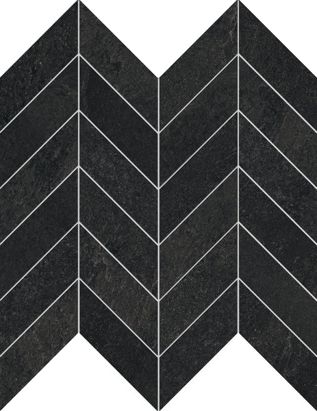 Shyft Chevron Mosaic Porcelain Tile features a chevron pattern of dark rectangular tiles in black and dark gray with thin white grout lines. The textured, stone-like porcelain creates a luxurious, V-shaped zigzag design.