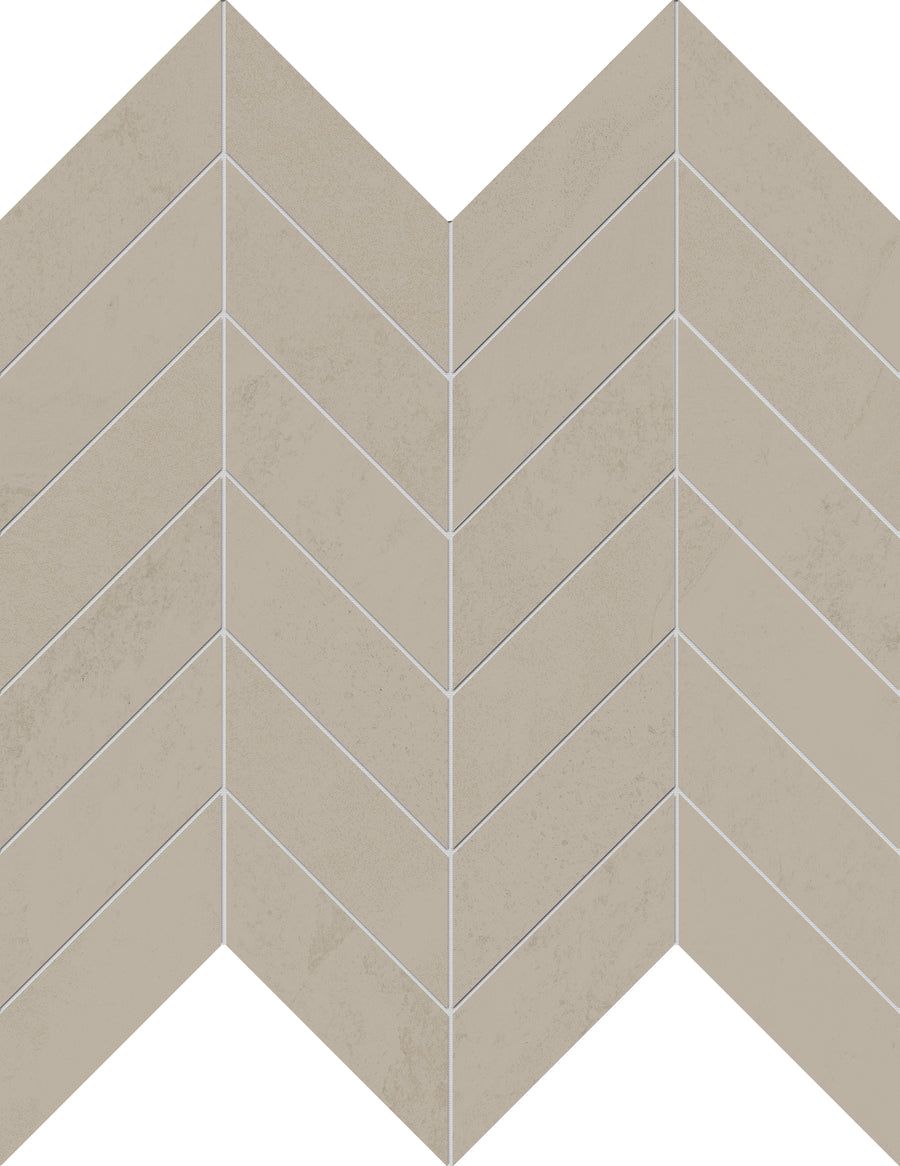 Shyft Chevron Mosaic Porcelain Tile features beige tiles in a zigzag V-shaped pattern with white grout lines, creating a seamless, elegant look perfect for enhancing any space.