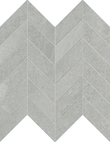 Shyft Chevron Mosaic Porcelain Tile features a light gray, zigzag pattern with a textured surface resembling stone or concrete, providing the luxurious appearance of Brazilian slate in durable porcelain.