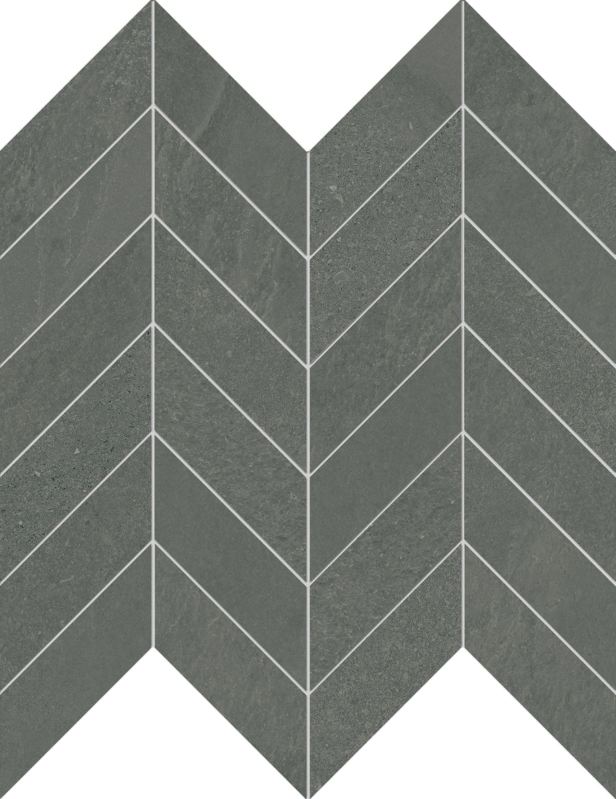 Shyft Chevron Mosaic Porcelain Tile features gray tiles with white grout lines in a modern zigzag pattern, inspired by Brazilian slate porcelain for an elevated geometric style.