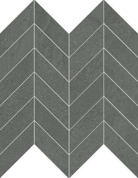 Shyft Chevron Mosaic Porcelain Tile features gray tiles with white grout lines in a modern zigzag pattern, inspired by Brazilian slate porcelain for an elevated geometric style.