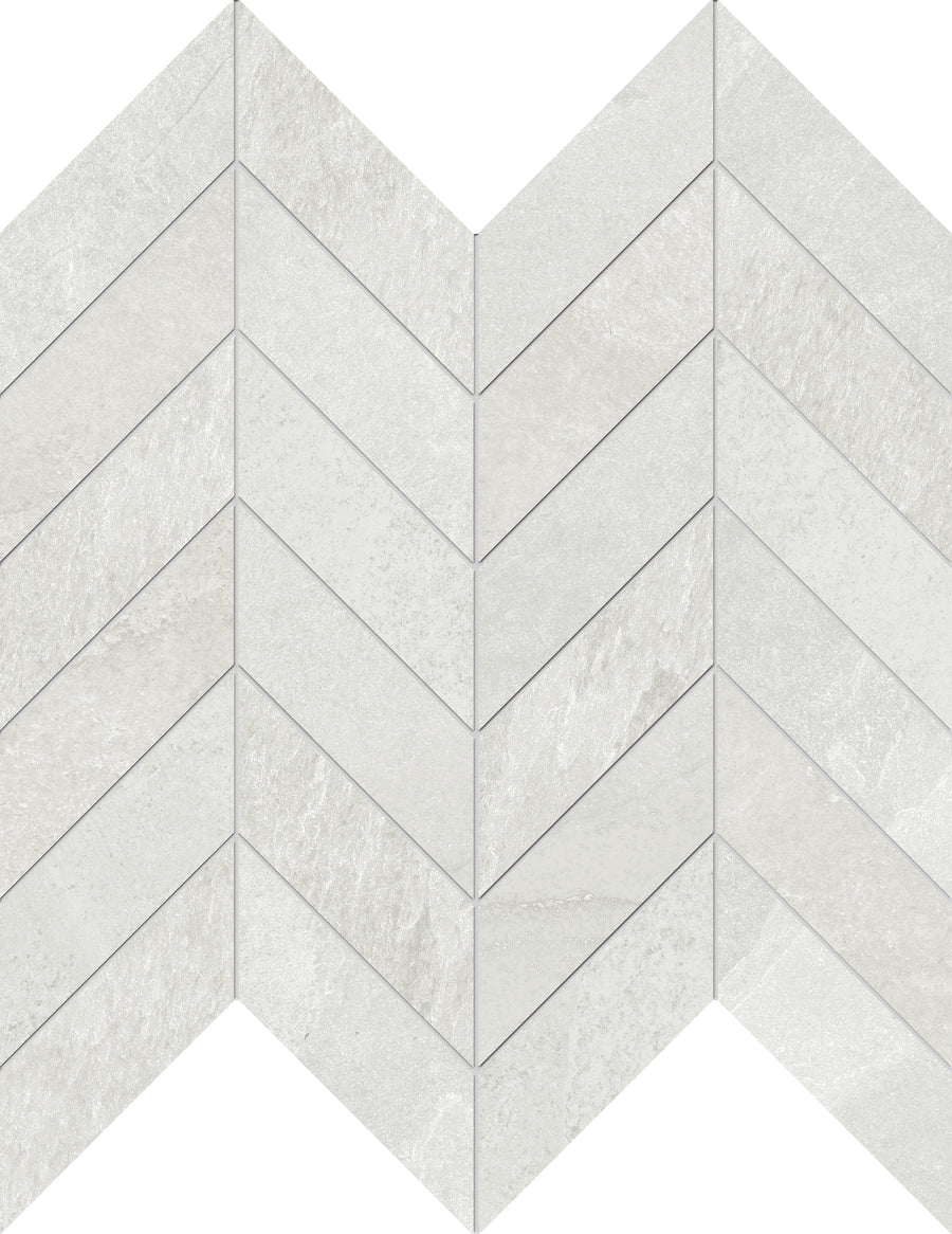 Shyft Chevron Mosaic Porcelain Tile, in light gray, is arranged in a herringbone pattern for a zigzag geometric effect and features subtle texture and shade variations for a refined, luxurious look.