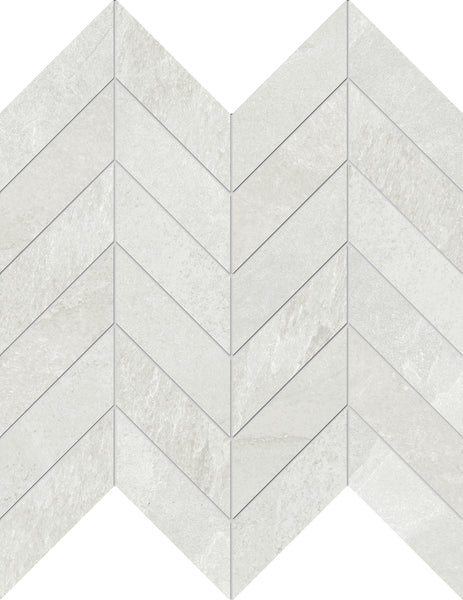 Shyft Chevron Mosaic Porcelain Tile, in light gray, is arranged in a herringbone pattern for a zigzag geometric effect and features subtle texture and shade variations for a refined, luxurious look.