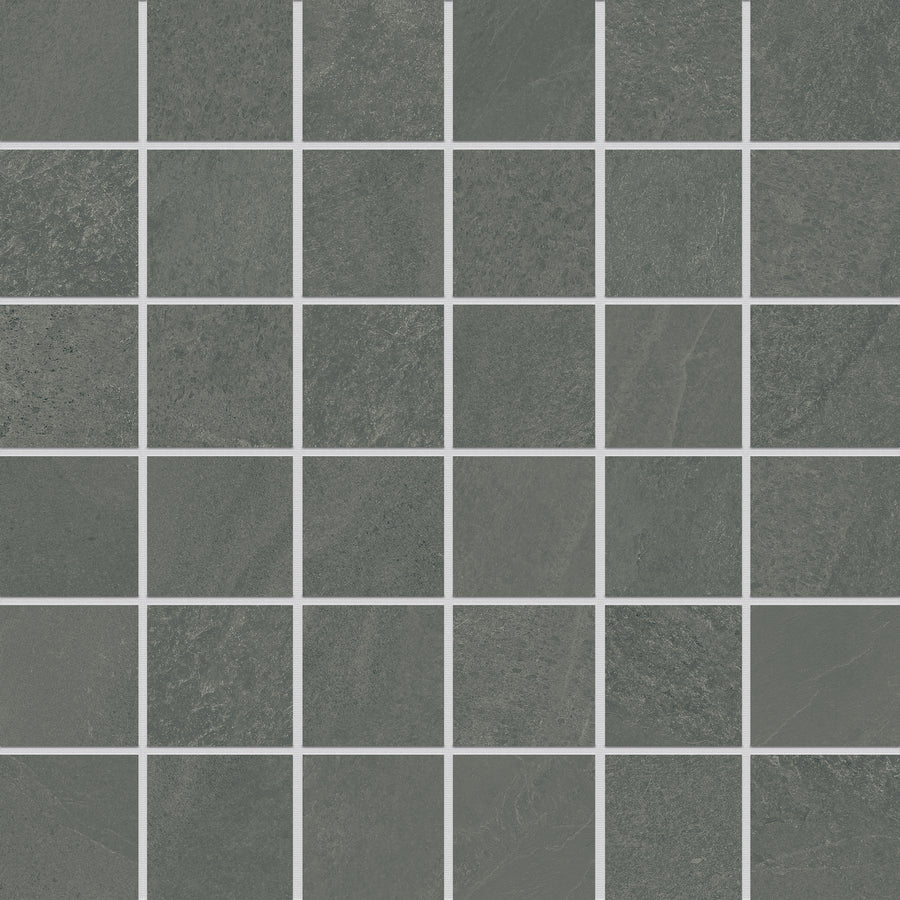Shyft 2x2 Mosaic Porcelain Tile features dark gray squares and thin white grout lines in a uniform grid pattern. Its subtly textured surface evokes the look of Brazilian slate.