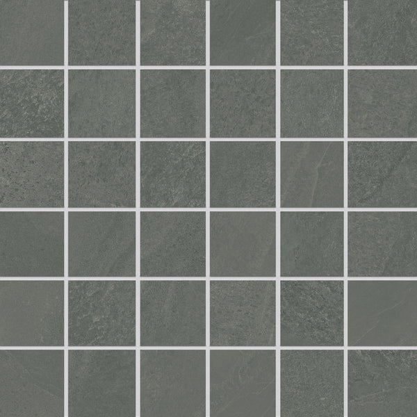 Shyft 2x2 Mosaic Porcelain Tile features dark gray squares and thin white grout lines in a uniform grid pattern. Its subtly textured surface evokes the look of Brazilian slate.