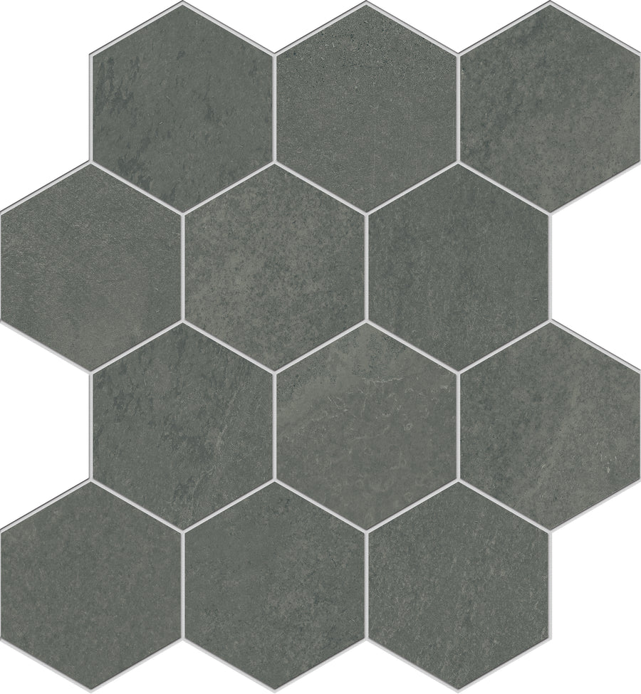 The Shyft Hexagon Mosaic Porcelain Tile features a dark gray, Brazilian slate-look in a honeycomb pattern with thin light gray grout lines between each hexagonal tile.