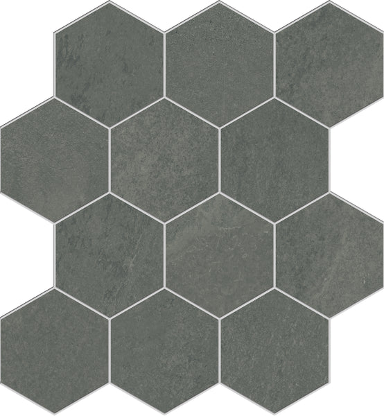 The Shyft Hexagon Mosaic Porcelain Tile features a dark gray, Brazilian slate-look in a honeycomb pattern with thin light gray grout lines between each hexagonal tile.