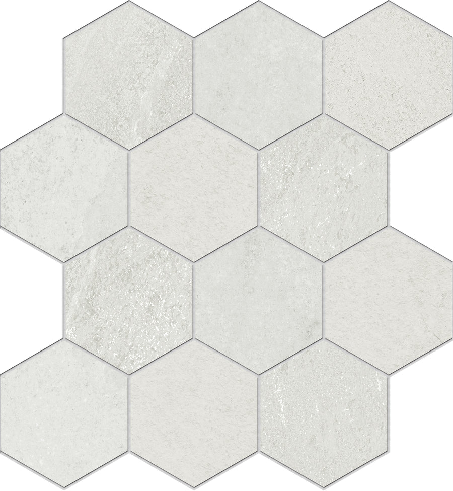 Shyft Hexagon Mosaic Porcelain Tile features large, light gray hexagons with subtle textures in a honeycomb layout, offering the refined look of Brazilian slate.