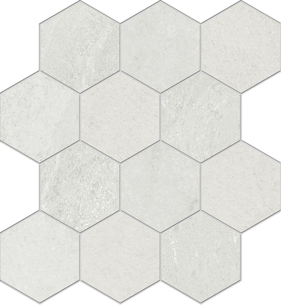 Shyft Hexagon Mosaic Porcelain Tile features large, light gray hexagons with subtle textures in a honeycomb layout, offering the refined look of Brazilian slate.
