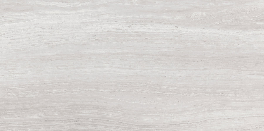 Silk 12x24 Matte Porcelain Tile features light gray tones with horizontal, wavy striations and subtle texture, resembling natural marble. Its soft shades of gray and white create an elegant, modern look.