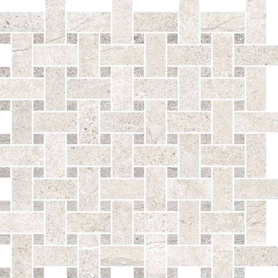Santorini Basketweave Mosaic Porcelain Tile features white and light gray rectangular tiles in a geometric, textured basketweave pattern. Stone-effect porcelain provides subtle shade variations for a natural, mosaic look.
