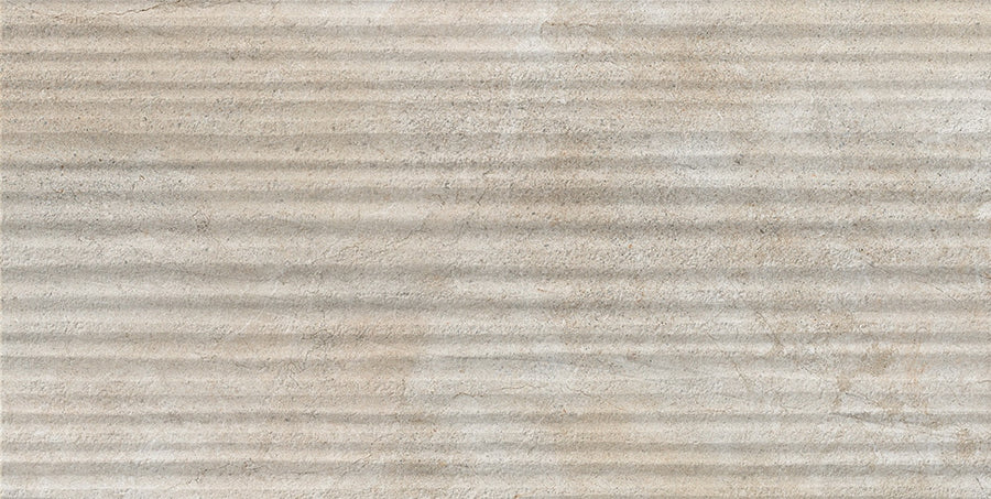 Featuring a textured beige surface with horizontal grooves and subtle color variations, the Santorini 12x24 Grooves Deco Porcelain Tile captures the look of corrugated stone from the Santorini collection.