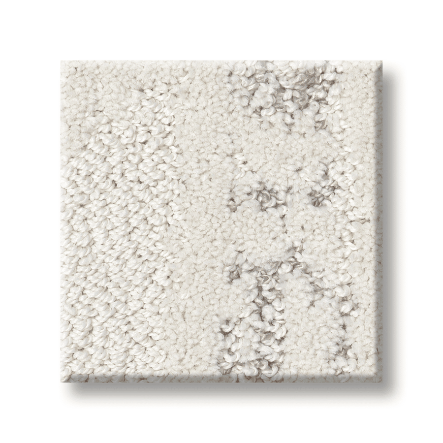 A square sample of Tranquil Spirit Pet Friendly Carpet in textured off-white with a plush, looped pile and light gray speckles is shown on a white background.