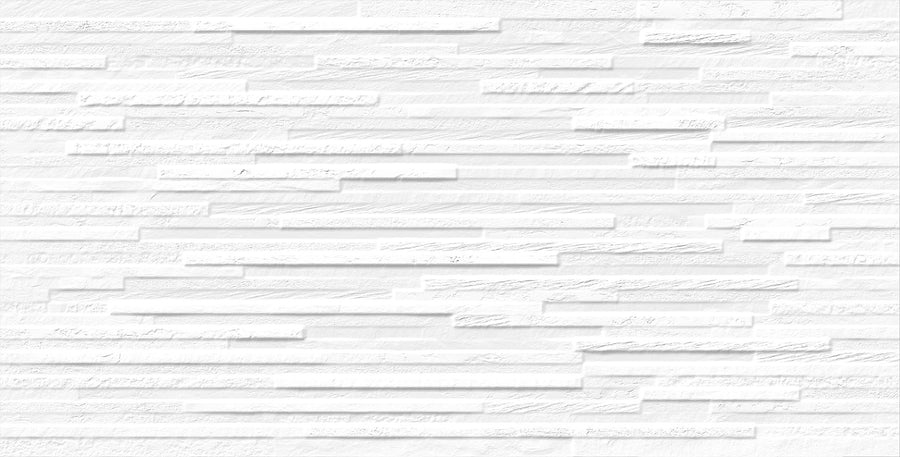 Omni 12x24 Rectified Glazed Ceramic Tile offers a modern white textured surface with a horizontal stacked stone pattern and varied rectangular tiles, creating a subtle layered 3D effect in shades of white.