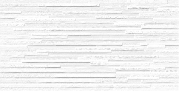 Omni 12x24 Rectified Glazed Ceramic Tile offers a modern white textured surface with a horizontal stacked stone pattern and varied rectangular tiles, creating a subtle layered 3D effect in shades of white.