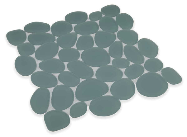 The Spindrift Matte Pebble Glass features oval and round gray stones in a grid pattern, resembling elegant pebble tile set on a white background.
