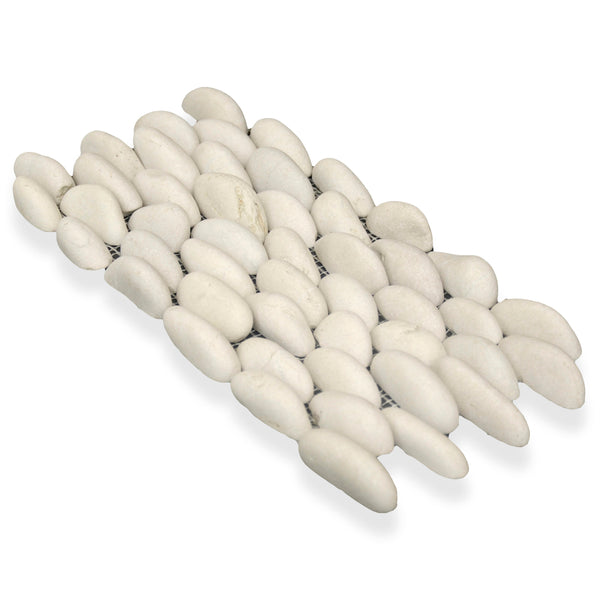 The Stacked Pebble 6x12 Natural Stone features smooth, oval white stones in overlapping rows on mesh backing, ideal for creating a contemporary style with pebble tiles on feature walls.