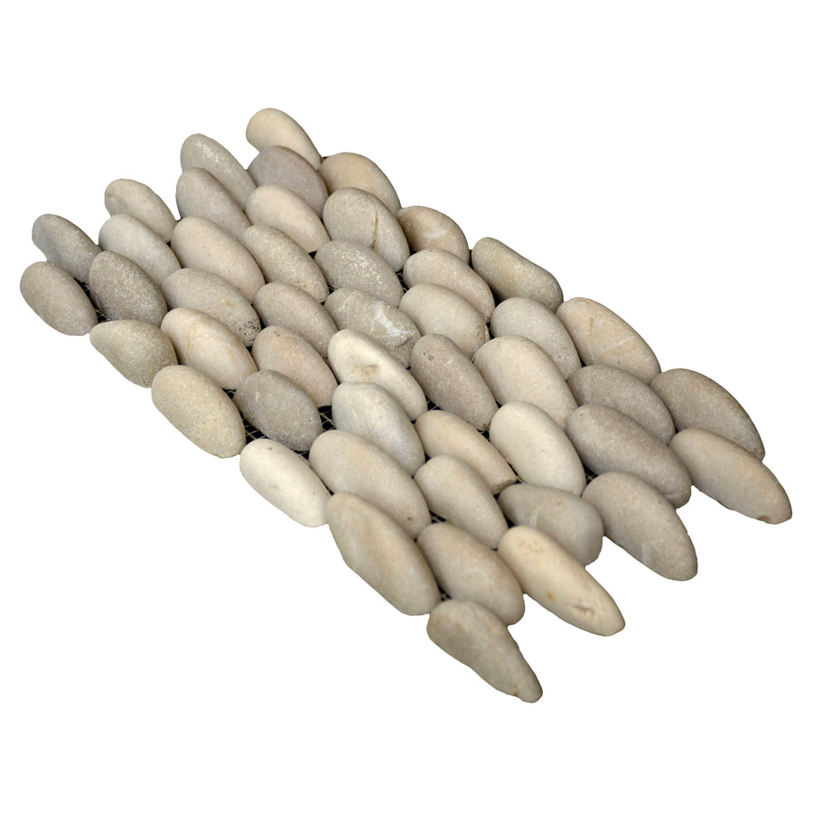 The Stacked Pebble 6x12 Natural Stone features smooth, oval light gray stones in staggered rows on white, making ideal tiles for feature walls and a modern look.