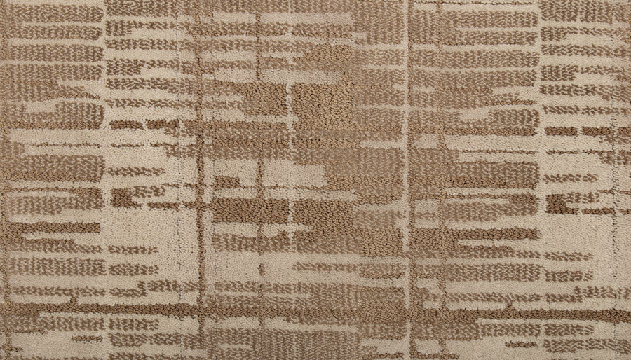 Close-up of Tartan Veil On Trend Carpet, featuring a geometric abstract pattern in beige and brown with intersecting lines and rectangular shapes in varied textures and tones.